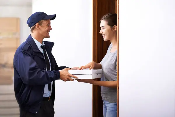 Pizza Delivery Man Customer Home Giving Box Easy Service Front — Stock Photo, Image