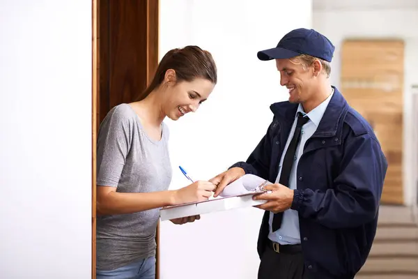 Delivery Courier Woman Home Sign Documents Forms Application Package Parcel — Stock Photo, Image