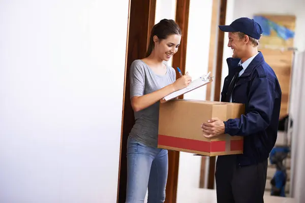 Delivery Courier Woman Home Form Documents Application Package Parcel Box — Stock Photo, Image