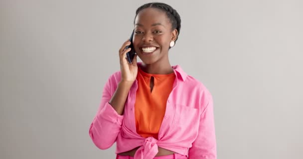 Happy Phone Call Face Black Woman Laughing Studio Web Connection — Stock Video