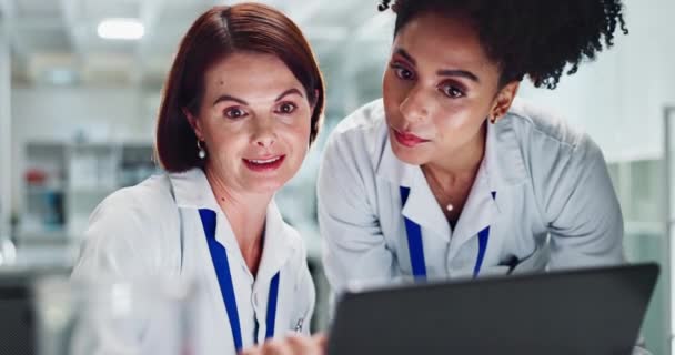 Kadınlar Partnerler Bilim Adamları Laboratuarda Dizüstü Bilgisayar Tablet Sonuçları Yenilik — Stok video
