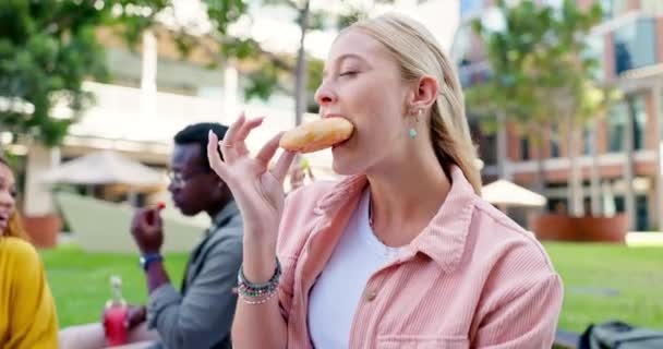 Kobieta Piknik Jedzenie Pączków Przyjaciółmi Parku Świeżym Powietrzu Słodkich Przekąsek — Wideo stockowe