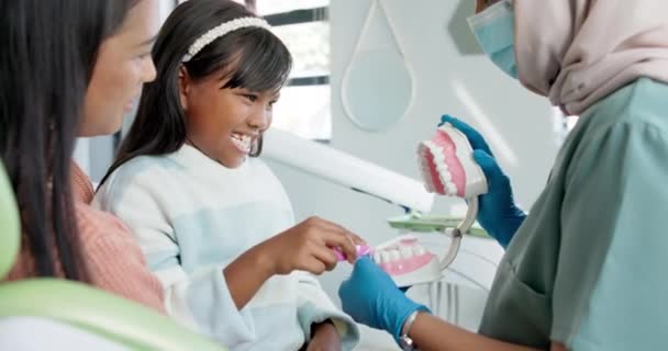 牙医或实际用牙刷刷牙的教育 或适合儿童的牙齿卫生学 牙科医生 母亲或儿童以牙模或清洁嘴进行交互课 — 图库视频影像