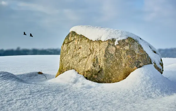 Rock, nature and snow with landscape or environment, cold weather and blue sky with travel in Denmark. Natural background, tourism with location or destination, icy ground and frozen outdoor.