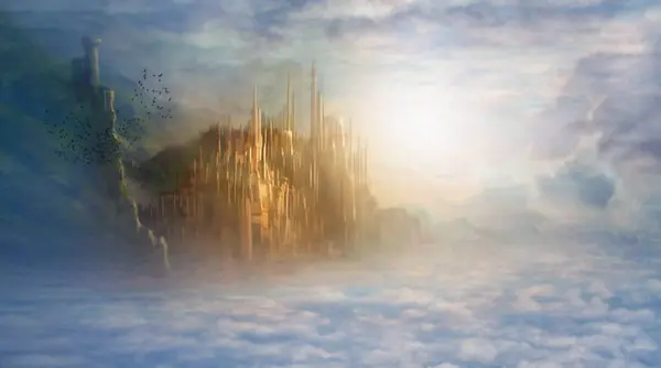 Heaven Clouds Castle Light Fantasy Creative Imagination Eternity Birds Sky — Stock Photo, Image