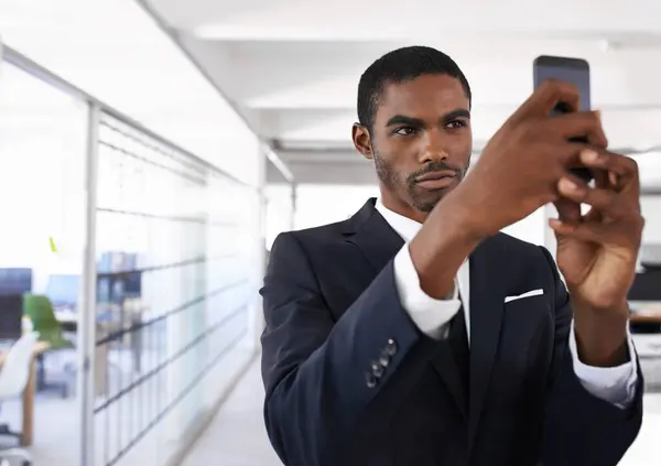 Businessman Selfie Smartphone Serious Face Memory Job Interview Social Media — Stock Photo, Image