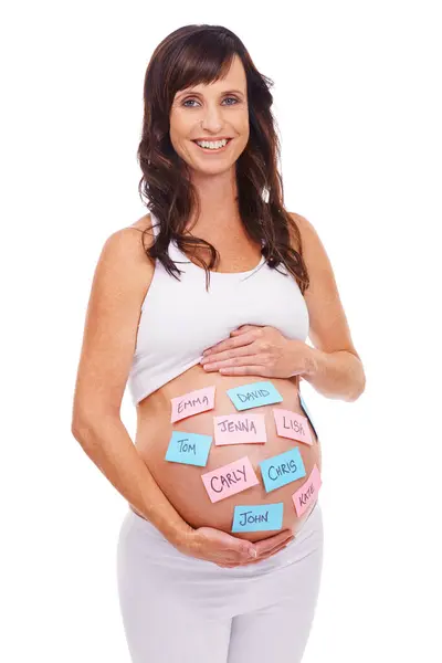Portret Namen Plakkerige Notities Maag Van Zwangere Vrouw Met Baby — Stockfoto