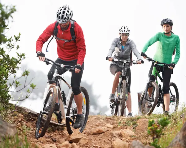 トライアスロンで一緒にトレーニング レース または旅のために山でサイクリング アドベンチャー スポーツの人々 アウトドアエクササイズ カーディオ 競技のための自転車でのグループ アスリート — ストック写真