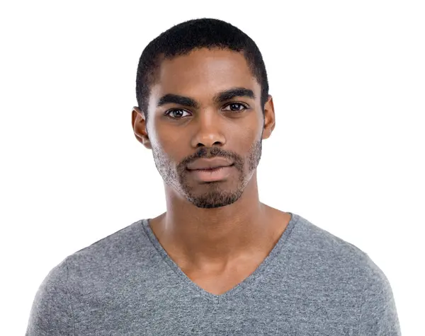 Portre Iddialı Ciddi Stüdyoda Beyaz Arka Planda Izole Edilmiş Genç — Stok fotoğraf