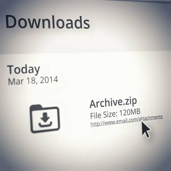 Webpage, downloads and archive zip for digital or internet content and email attachment of information research. File storage, delivery or online archives with pointer or cursor or technology to save.