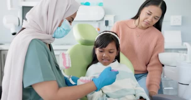 Niño Dentista Pediátrico Educación Cepillarse Los Dientes Cirugía Demostración Familiar — Vídeos de Stock
