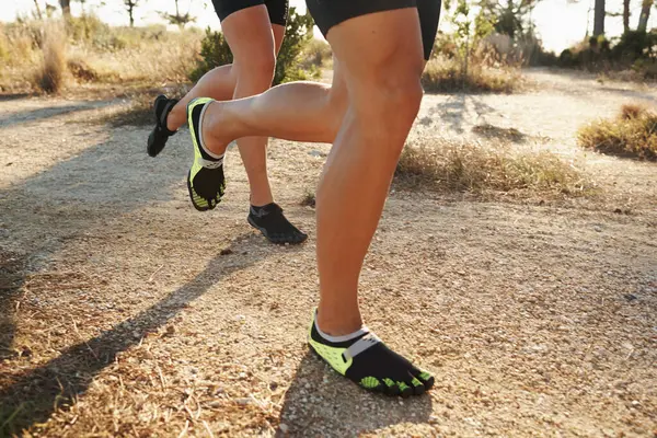 Closeup People Legs Running Footwear Fitness Exercise Outdoor Training Dirt — Stock Photo, Image