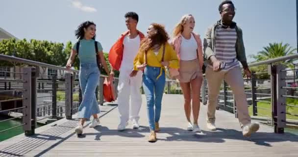 同学们 朋友们 快乐的在大学里自由的跳 在校园里走在户外的路上 在大学里 群体和兴奋地与男人 女人和团结在一起 — 图库视频影像