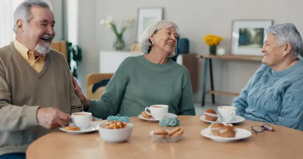 咖啡和老朋友在疗养院客厅里进行交流 退休时在家里谈笑风生 谈笑风生 一起喝卡布奇诺 — 图库照片