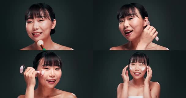 Montáž Obličej Žena Aplikovat Make Pro Krásu Péči Pleť Kosmetiku — Stock video