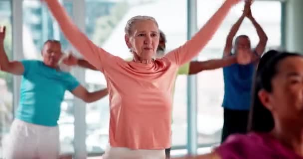 运动和老年人在瑜伽课上做伸展运动 训练和有氧运动 为健康 枕头和健康俱乐部配备了培训师的运动 退休和老年男女 — 图库视频影像