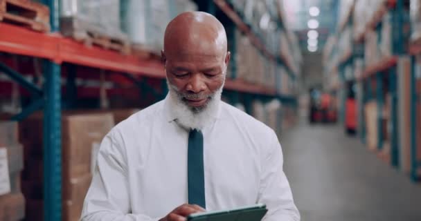 Entrepôt Visage Homme Affaires Senior Avec Tablette Pour Logistique Expédition — Video