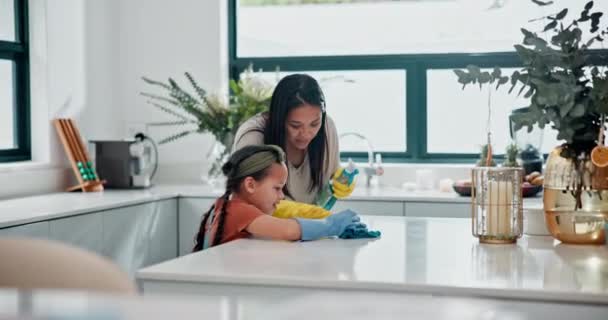 Mãe Criança Ensino Limpeza Cozinha Produto Químico Para Saúde Bactérias — Vídeo de Stock