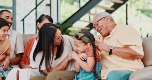 Grandfather Mother Tickling Girl Sofa Funny Game Bonding Love Care — Stock Video
