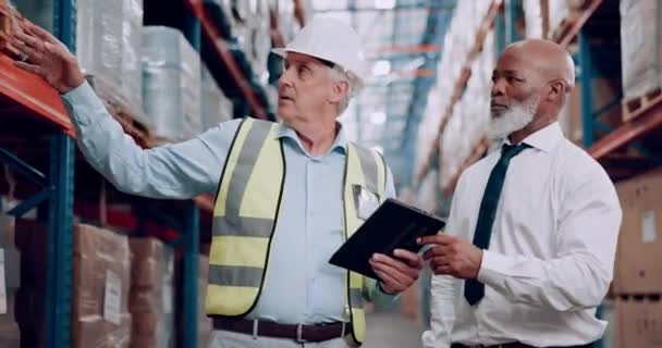 Entrepôt Tablette Hommes Avec Travail Équipe Inspection Collègues Avec Technologie — Video