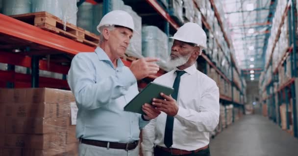Entrepôt Tablette Hommes Avec Travail Équipe Chaîne Approvisionnement Collègues Avec — Video