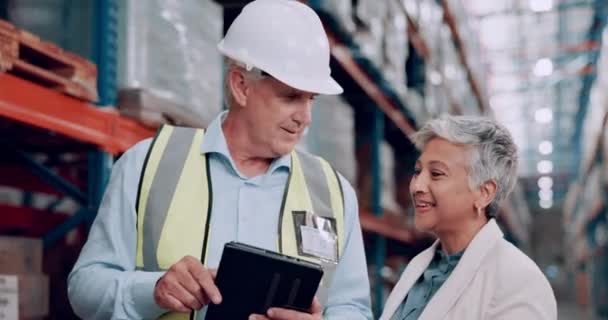 Senior People Tablet Warehouse Inspection Talking Collaboration Logistics Distribution Digital — Stock Video