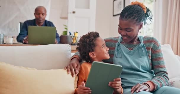 Mom Kid Learning Tablet Sofa Homeschool Online Assessment Virtual Education — Stock Video