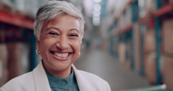 Ansigt Lager Smil Med Kvinde Opbevaringsfacilitet Kurer Med Distribution Logistik – Stock-video