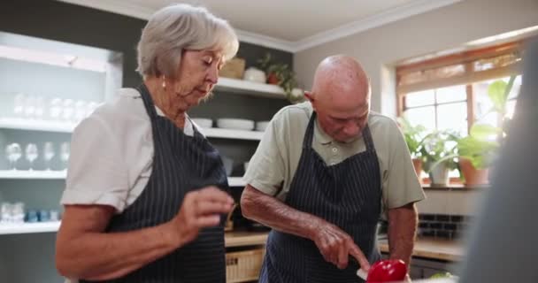 Senior Paar Kochen Und Schneiden Von Lebensmitteln Mit Messer Für — Stockvideo