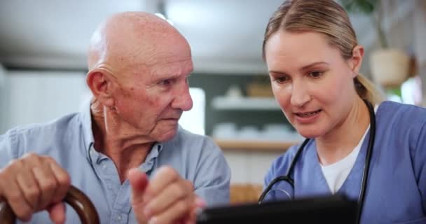 Resultados Tableta Cuidador Hablando Con Anciano Sofá Hogar Ancianos Para — Vídeos de Stock
