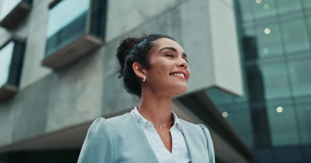 Женщина Бизнес Счастье Городом Офисом Видением Мышления Планирования Сотрудник Идеи — стоковое видео