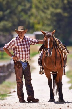 Kovboy, at ve portre kırsaldaki çiftlikte ve rodeocu doğadaki batı çiftliğinde. Eğitmen, kendine güvenen ve güçlü bir aygır olan Amerikan Mahallesi ve açık havada sağlıklı safkan.