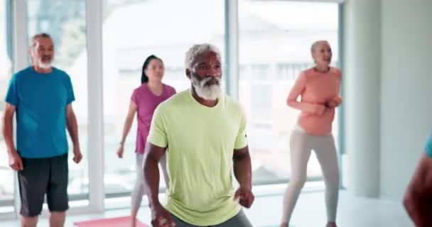 老年人 运动和黑人男子在健身房健身和健康与运动平衡的退休 老年人胡子 健康和幸福的训练 普拉提和肌肉 — 图库视频影像