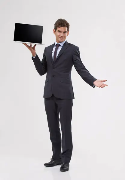 Portrait Screen Man Holding Laptop Business Entrepreneur White Studio Background — Stock Photo, Image