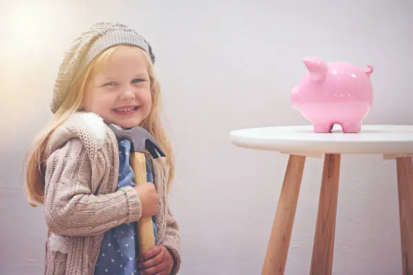 Meisje Hamer Spaarvarken Voor Besparingen Portret Financiën Investeringen Voor Toekomst — Stockfoto