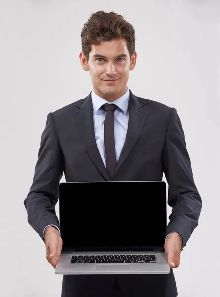 Retrato Tela Homem Com Laptop Conexão Profissional Fundo Estúdio Branco — Fotografia de Stock
