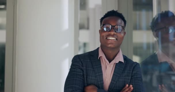 Εταιρικό Χαρούμενο Και Πρόσωπο Ενός Μαύρου Επιχειρηματία Στο Αξίωμα Αυτοπεποίθηση — Αρχείο Βίντεο