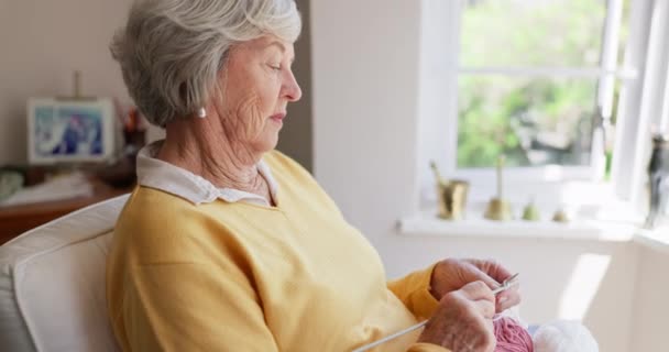 老年人 妇女和针织线 用于在退休后为手工 编织或业余爱好放松创造力 公寓里的老人 手和圈纱 用于毛衣图案 技巧或棉织物 — 图库视频影像