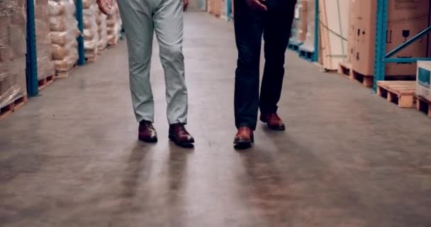 コラボレーション 男性が製造 保管会社で歩いています サプライチェーンの検査 企画を担当する経営 ビジネスマン — ストック動画