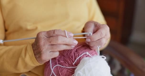 手作り かぎ針編みまたは糸のための創造性の趣味のための糸か針が付いている人 手および編み 自由な時間のためのスキルを作成するための服 ウール ループ生地 縫製または綿 — ストック動画