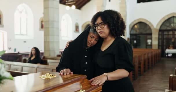 Grief Crying Women Coffin Together Memorial Service Church Respect Support — Stock Video