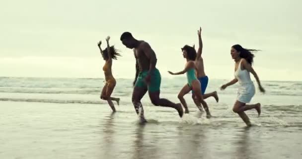 多样性和跑步与水花在海滩上的乐趣假日 周末或暑假 一群不同的朋友在海滨或海上玩耍和享受户外的自然或自由 — 图库视频影像