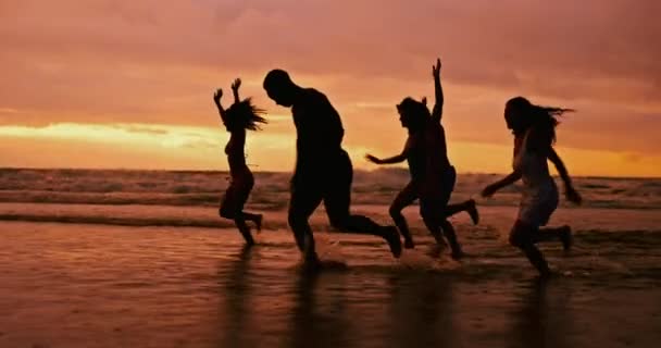 夏休み アウトドア旅行のための日没で走っているシルエット 海と友人 ビーチ 夕暮れ 海水で冒険 パーティー 自然の中で楽しむ人々のグループ — ストック動画