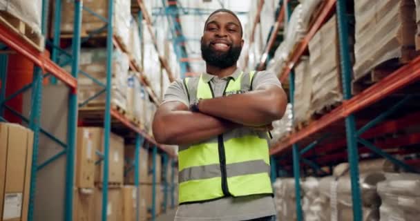 黑人和专业人士对物流 供应链或航运业有信心 带着微笑和臂膀的非洲男性人物或雇员的画像被交叉存放在仓库中 — 图库视频影像