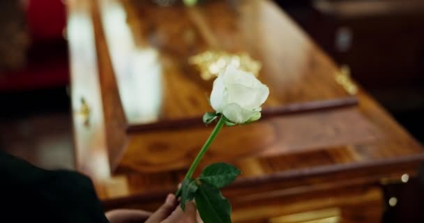 鲜花和人的手在葬礼上告别时 伴随着悲伤 失落或痛苦的哀伤特写 在教堂举行告别仪式或追悼会时 死亡和与寡妇一起敬礼的玫瑰 — 图库视频影像
