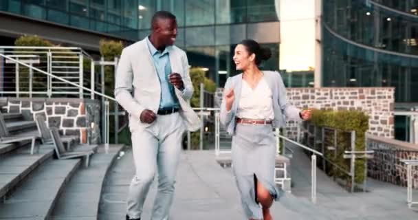 Negócios Homem Mulher Alta Cinco Para Realização Livre Feliz Comemorar — Vídeo de Stock