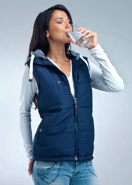 Woman Drinking Water Health Hydration Studio Nutrition Wellness Thirst Grey — Stock Photo, Image