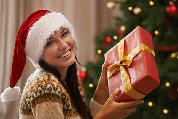Christmas Smile Portrait Woman Present Her Home Festive Celebration Event Stock Picture