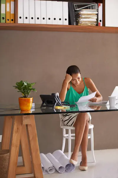 Stress Business Woman Headache Documents Payroll Accident Office Finance Savings — Stock Photo, Image