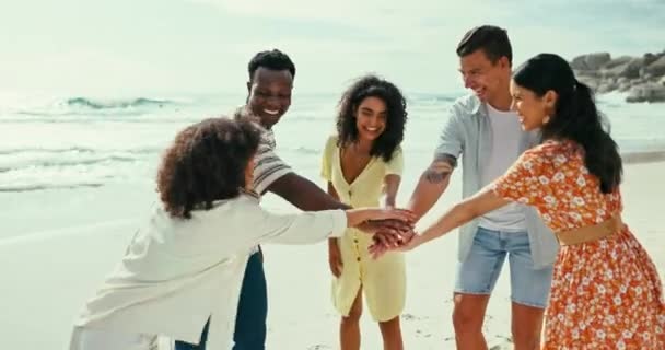 Διαφορετική Ομάδα Φίλοι Και Γιορτή Στην Παραλία Για Διακοπές Ευτυχία — Αρχείο Βίντεο